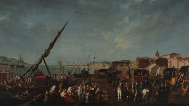 Embarque da família real portuguesa para o Brasil em pintura atribuída a Nicolas-Louis-Albert Delerive