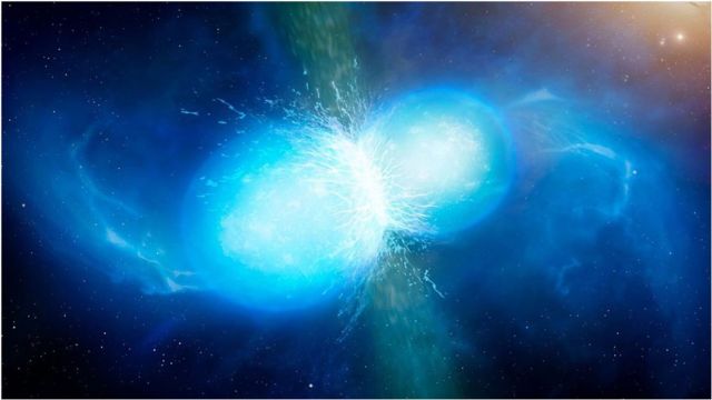 Ilustração de duas estrelas de nêutron colidindo