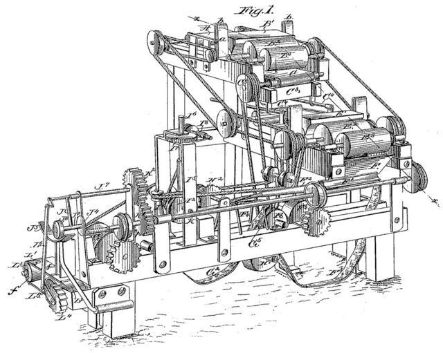 Diseño original de James Bonsack de su máquina para enrollar cigarrillos, como aparece en la patente US 238,640.