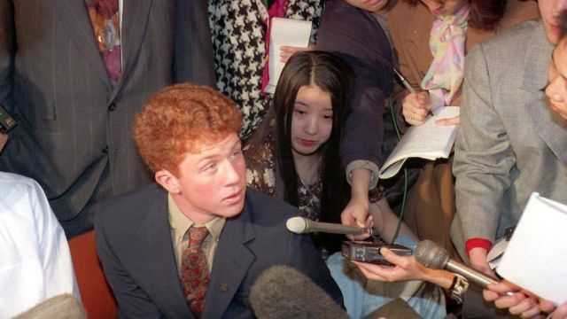 Webb Haymaker, centre, talking to Japanese reporters on a trip to Japan in 1994