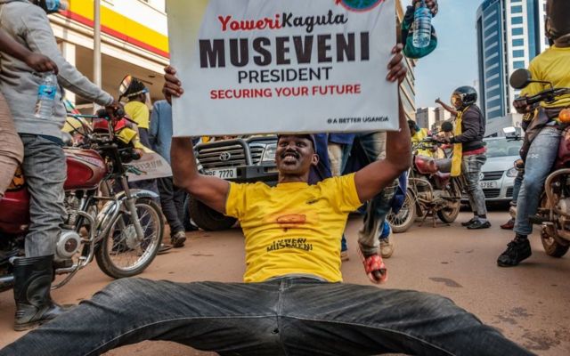 National Resistance Movement (NRM) supporters celebrate the winning of Ugandan President Yoweri Museveni, in Kampala Uganda January 16, 2021. - Uganda's Yoweri Museveni has won a sixth term in office with almost 60 percent of votes, in an election his main rival Bobi Wine has said was marred by fraud and violence, the electoral commission announced on January 16, 2021.