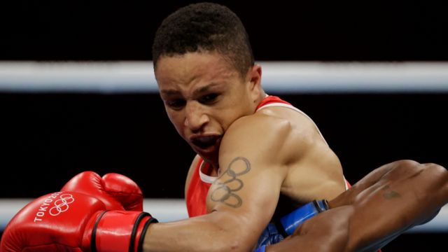 Abdelhaq Nadir of Morocco in action against Richarno Colin of Mauritius at the Olympics in Japan -Sunday 25 July 2021