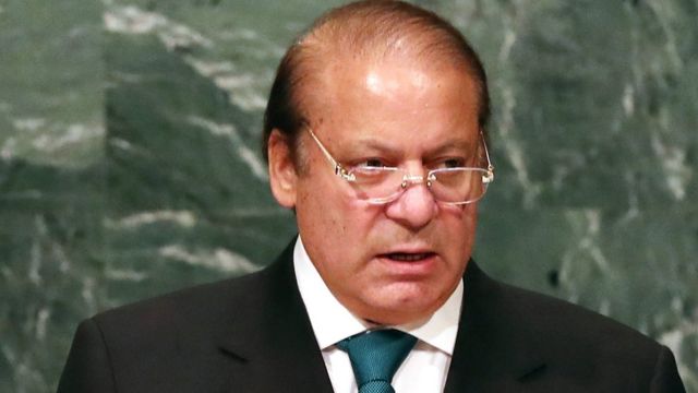 न्यूयार्क में 22 सितंबर को संयुक्त राष्ट्र महासभा में भाषण देते पाकिस्तान के प्रधानमंत्री नवाज़ शरीफ़.