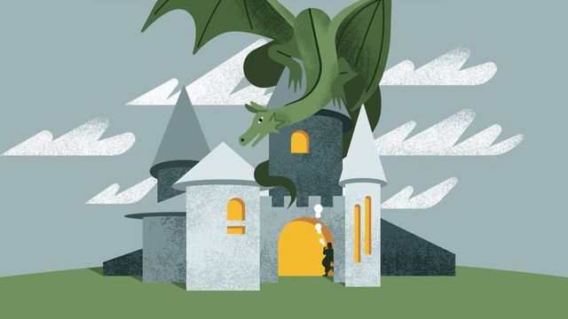 Ilustración de un dragón acechando sobre un castillo.