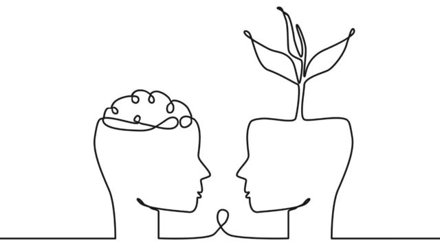 Drawing of two heads with different brains