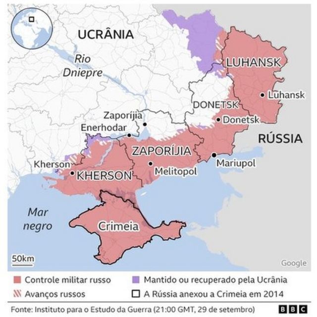 Mapa de territórios ucranianos ocupados pelos russos