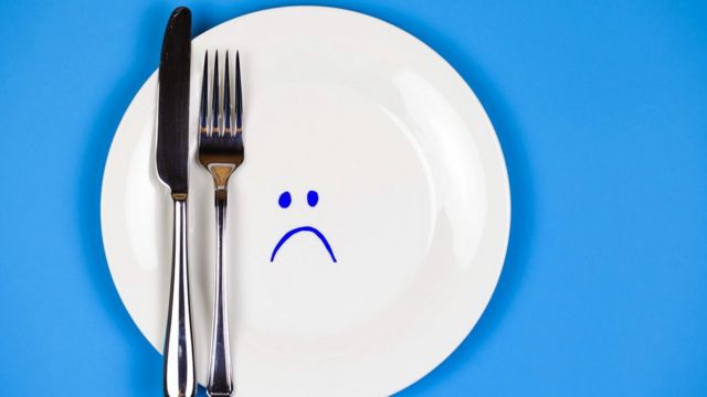 Couteau et fourchette sur une assiette sur laquelle est dessiné un visage triste