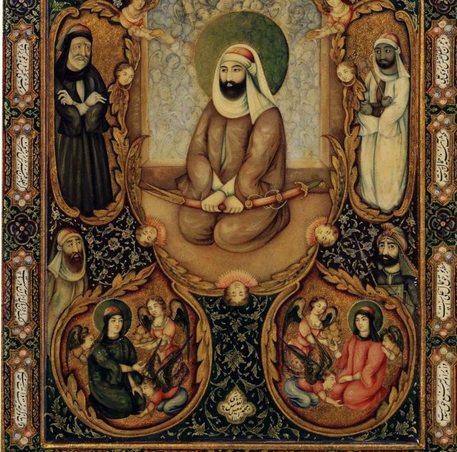 الإمام علي بن أبي طالب وولداه الحسن والحسين في عمل لفنان مجهول يعود تاريخه إلى 1871 (متحف بيرن التاريخي في سويسرا)