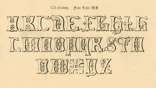 13ème siècle. D'après un manuscrit latin, 1862. Extrait de The Book of Ornamental Alphabets - Ancient & Mediæval, par F. G. Delamotte.