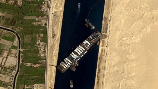 Satellite image shows the stuck container ship 'Ever Given' on the Suez Canal, in Egypt, on March 27, 2021