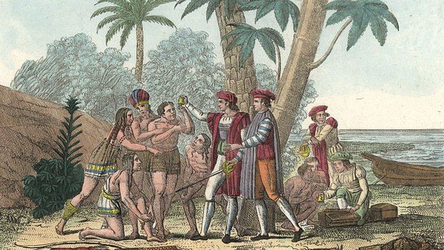 Colón recibido por los taínos.