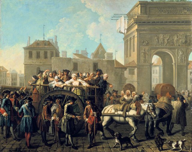 "El transporte de prostitutas al Hospital La Salpêtrière " pintado circa 1754 por el artista barroco francés Étienne Jeaurat (1699-1789)