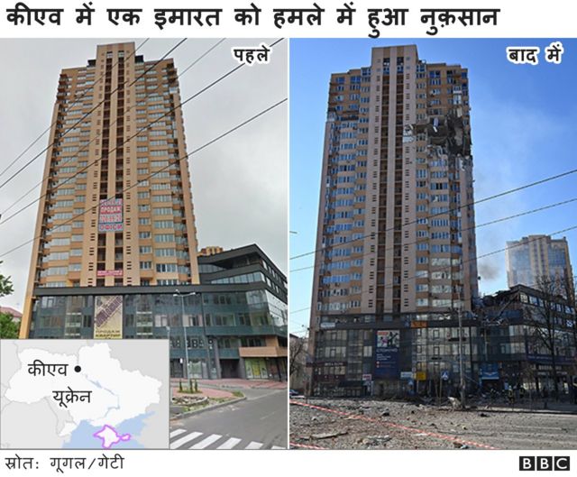 कीएव में हमले के पहले और बाद की तस्वीर