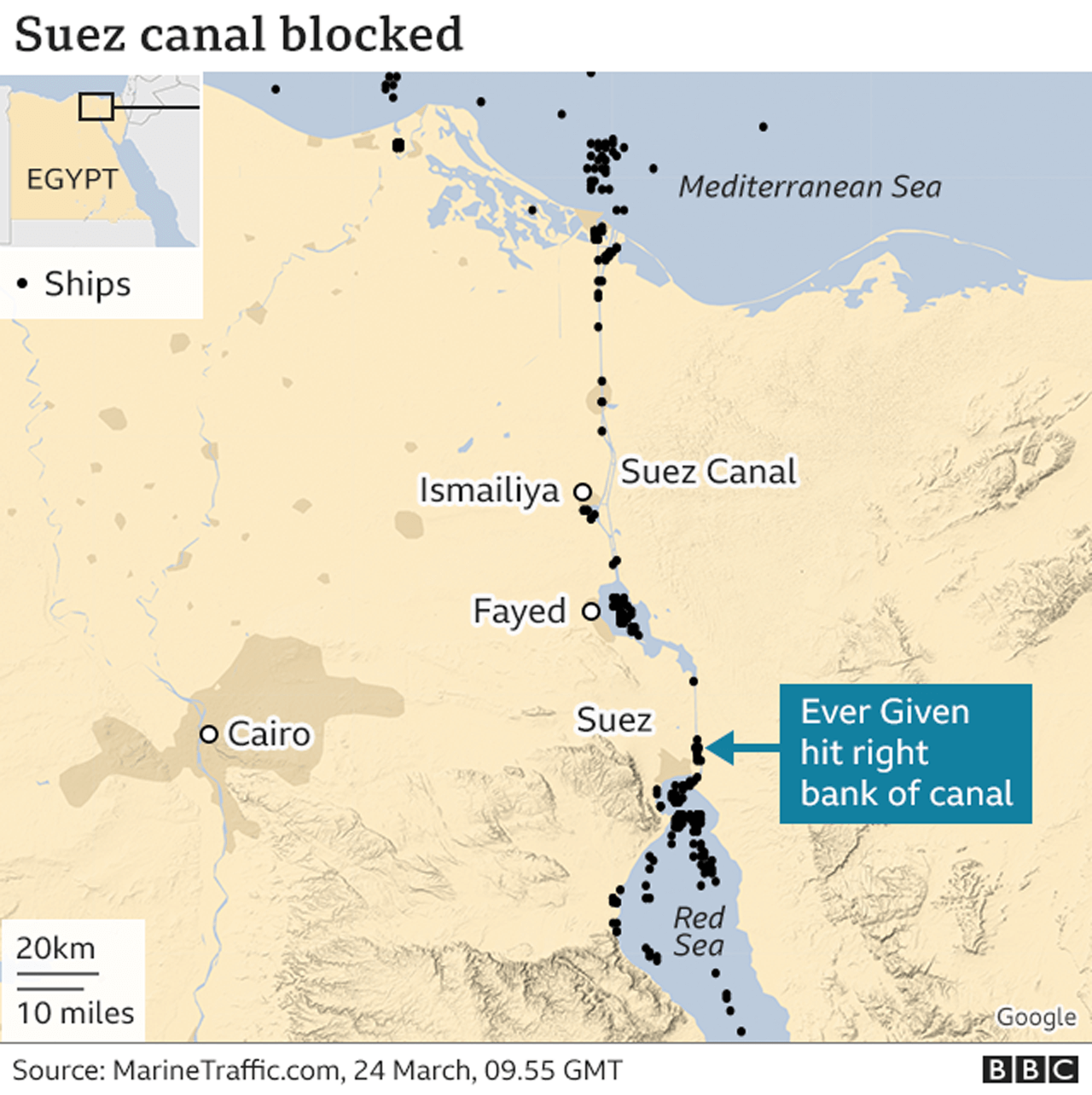 Map shows location of stuck ship in Suez Canal