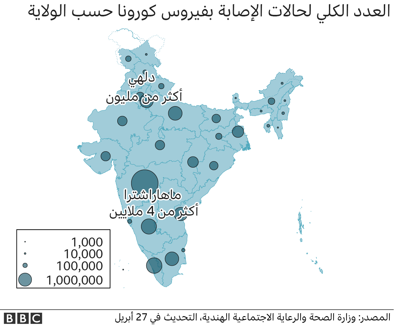 خريطة لأرقام الحالات في الهند تظهر الولايات الانتخابية