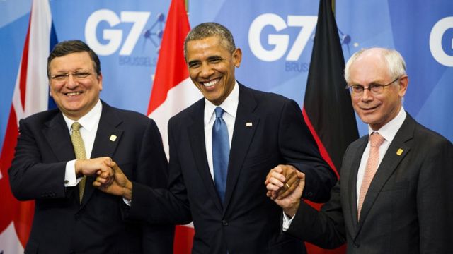 Жозе Мануэль Баррозу, Барак Обама и Херман ван Рёмпей на последнем саммите ЕС-США
