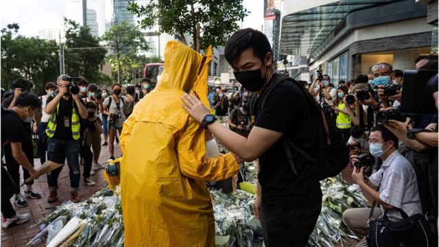Demonstrators are gathering at the memorial in Admiralty at the site Marco Leung fell to his death during a protest one year ago on June 15, 2020 in Hong Kong, China. (Photo by Yat Kai Yeung/NurPhoto via Getty Images)