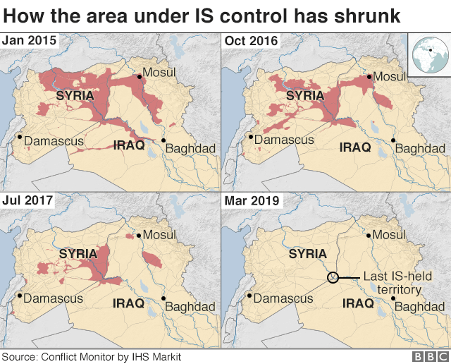 Four maps showing how the area controlled by IS has shrunk