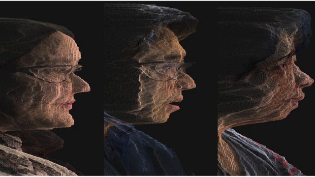 Ilustração realista colorida mostra rostos levemente deformados formados por linhas computacionais