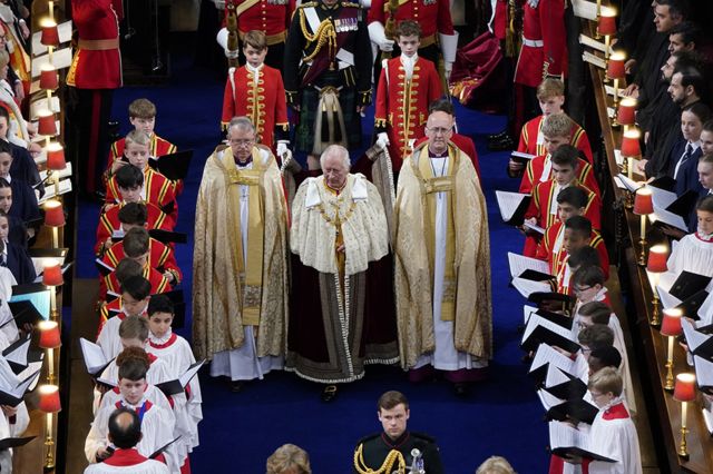 King Charles III arrives for his coronation at Westminster Abbey