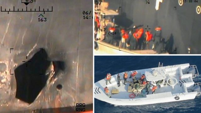Imágenes que mostrarían los daños a un barco y los que, según Estados Unidos, serían miembros de las Guardias Revolucionarias de Irán.