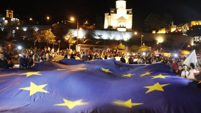 People attend a &quot;March for Europe&quot; in support of the country&quot;s membership in the European Union, in Tbilisi, Georgia, 20 June 2022
