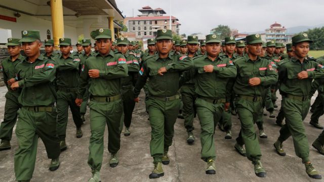 United Wa State Army (UWSA) soldiers march in Pansang, Wa territory in north east Myanmar