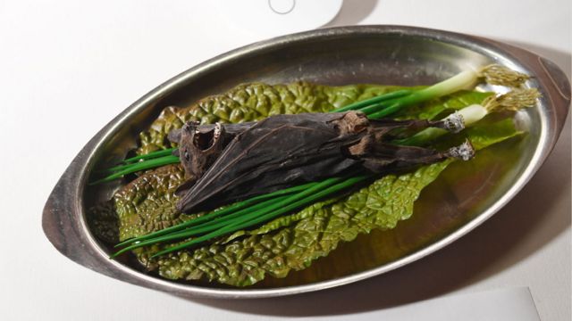 Un murciélago servido en una fuente sobre vegetales