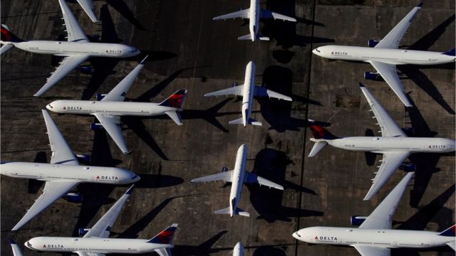 Airplanes stationed at an airport