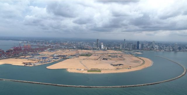 Sand reclaimed from the sea is being transformed into the port city of Colombo.
