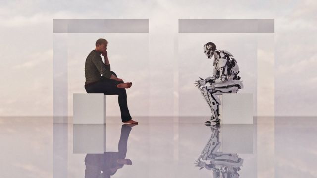 Illustration d'un homme parlant avec un robot