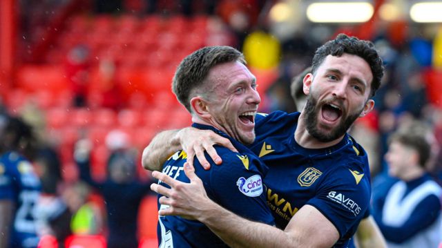 Jordan McGhee (left) and Ricki Lamie (right) celebrate Dundee securing top-six football in the Scottish Premiership after their 0-0 draw with Aberdeen at Pittodrie. 