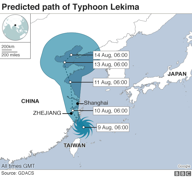 Predicted path of Typhoon Lekima