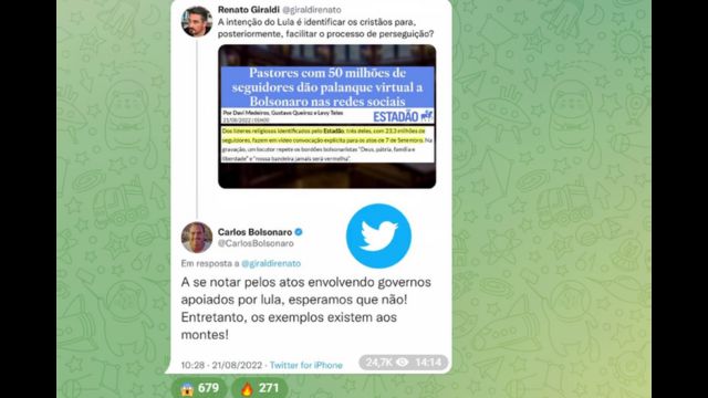 Postagem do vereador Carlos Bolsonaro em seu canal no Telegram