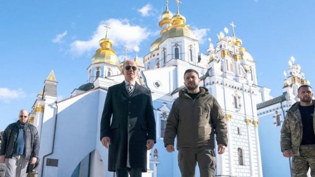 Joe Biden and Volodymyr Zelensky outside St. Michael's Golden-Domed Monastery in Kyiv