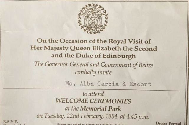 Invitație la ceremonia de întâmpinare a reginei Elisabeta a II-a și a ducelui de Edinburgh în Belize în 1994