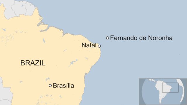 フェルナンド・デ・ノローニャ島の位置を示す地図。ブラジル北東部ナタルから370キロの沖合いにある