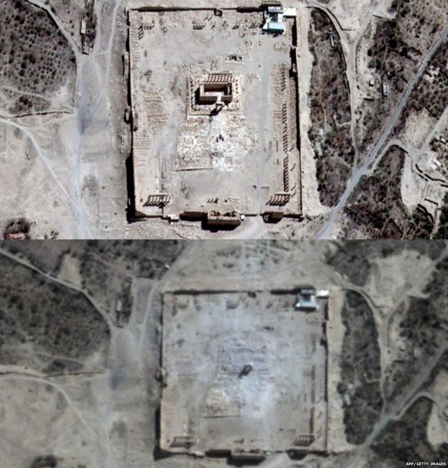 This combination of handout pictures provided on August 31, 2015 by UNITAR-UNOSAT shows close-ups of satellite-acquired images with (TOP) the Temple of Bel seen in Syria's ancient city of Palmyra on August 27, 2015 and (BOTTOM) rubble seen at the temple's location on August 31, 2015.