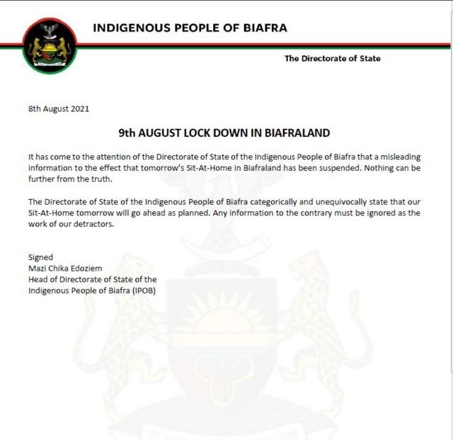 Ozi onye ndu Ipob wepụtara