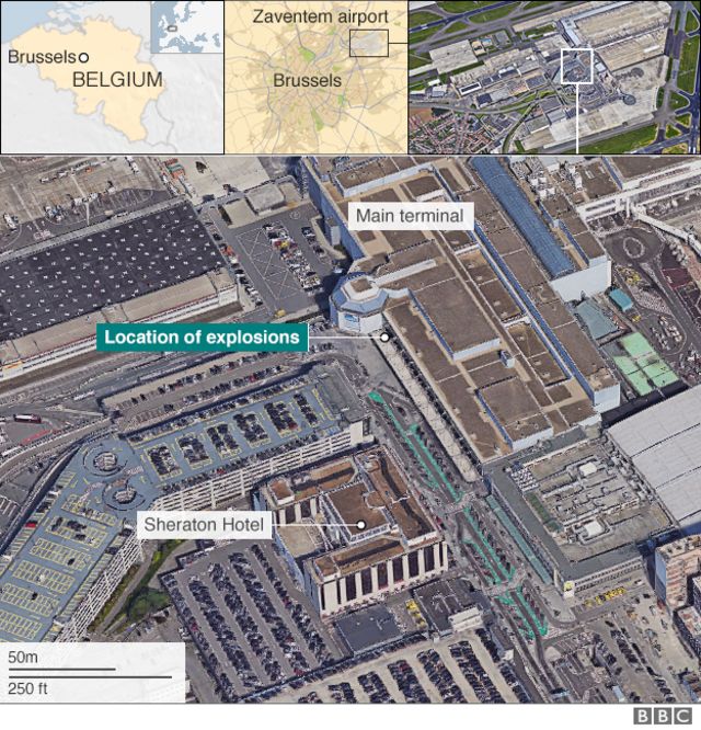 ザベンテム空港のメインターミナルと爆発現場の位置