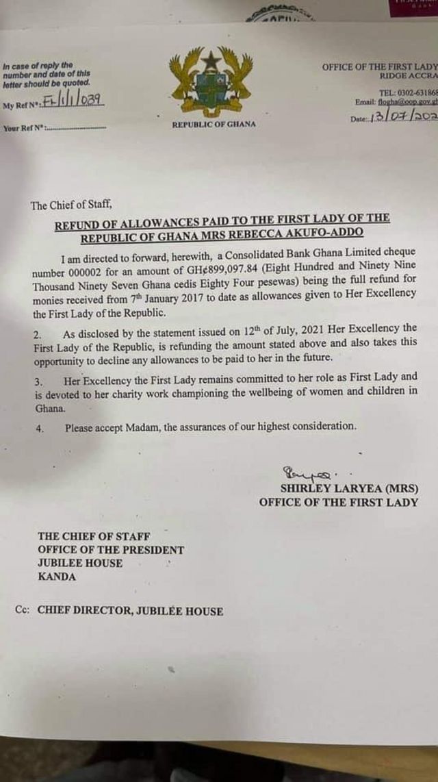 First Lady of Ghana Salary: Rebecca Akufo-Addo offer Ghc899,000 allowance refund as wife of President of Ghana
