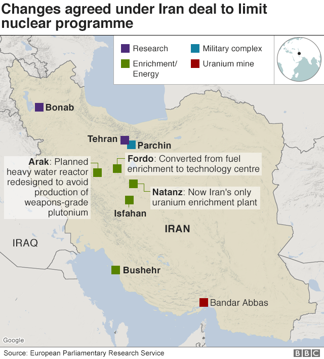 Map showing sites associated with Iran's nuclear programme