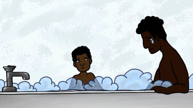 Ilustración de un niño y su padre en la bañera con espuma.