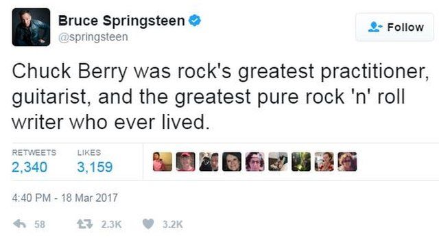 Bruce Springsteen tweets: Chuck Berry was rock's greatest practitioner, guitarist, and the greatest pure rock 'n' roll writer who ever lived