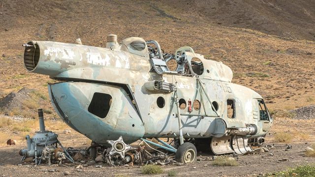 Rusting helicopter from Soviet invasion of Afghanistan in 1979, Panjshir Valley, Afghanistan, 2015
