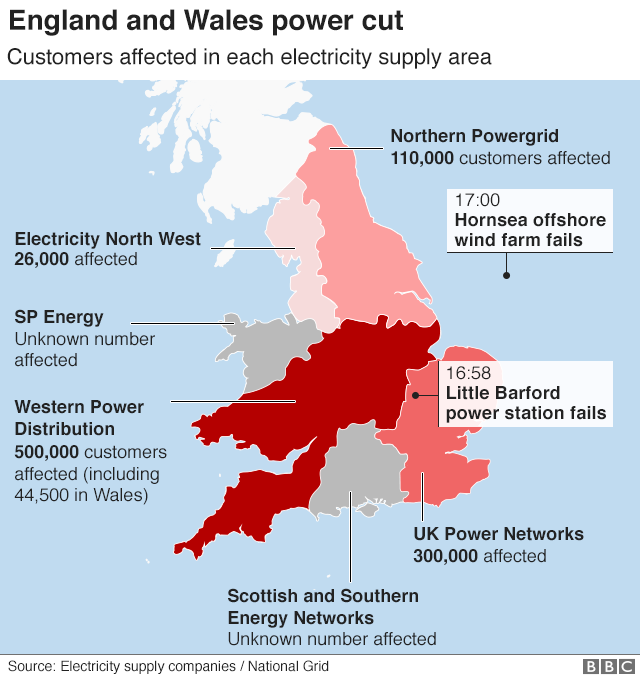 Graphic showing areas of England and Wales affected by power cut