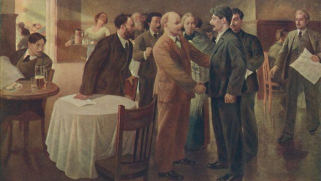El primer encuentro de Lenin y Stalin imaginado por el artista I Vepkhvadze en 1939.