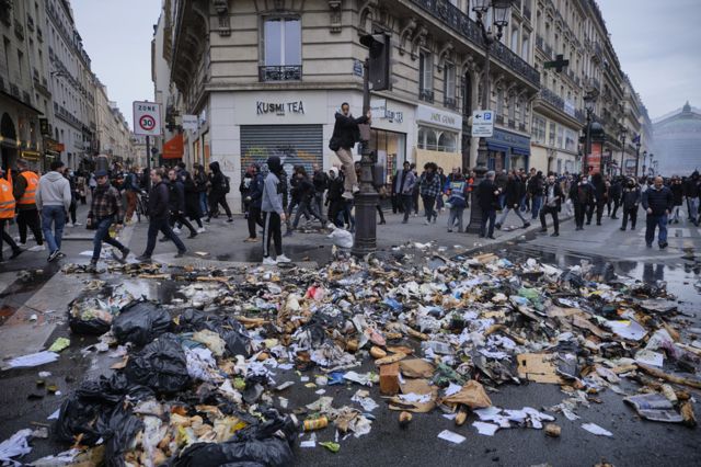 Rubbish in a Paris street during a protest against pension reform.