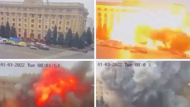 Quatro fotos mostrando um prédio sendo explodido