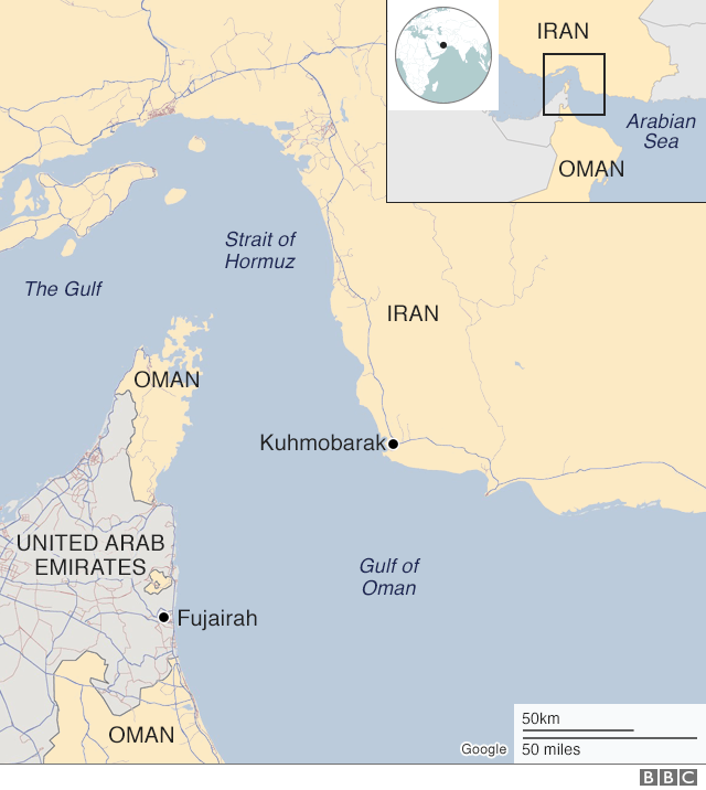 Map of Iran and Strait of Hormuz showing Kuhmobarak